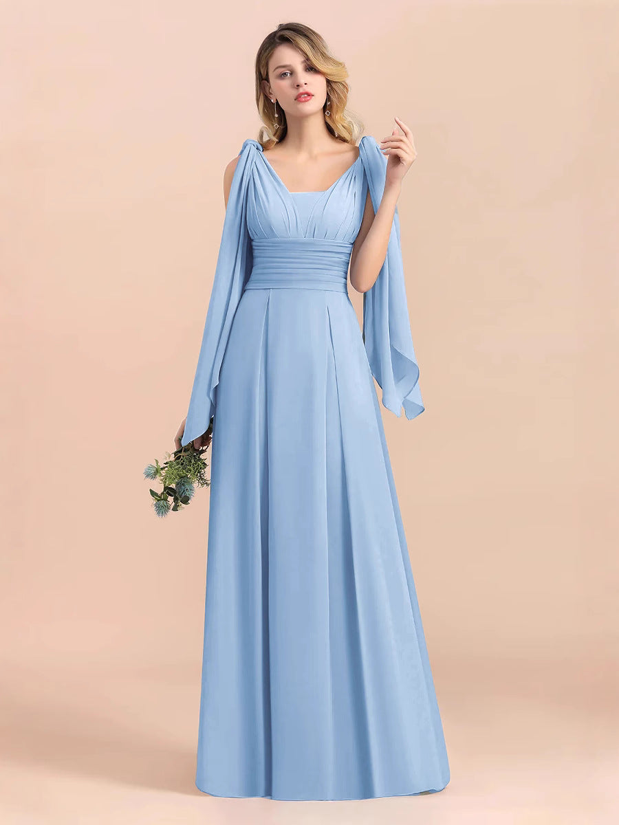 A-Line Maxi Dress with Pleated Bodice and Draped Sleeves