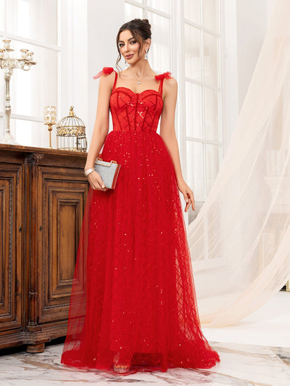 A-Line Tulle Maxi Dress with Sequined Lattice and Bow Straps