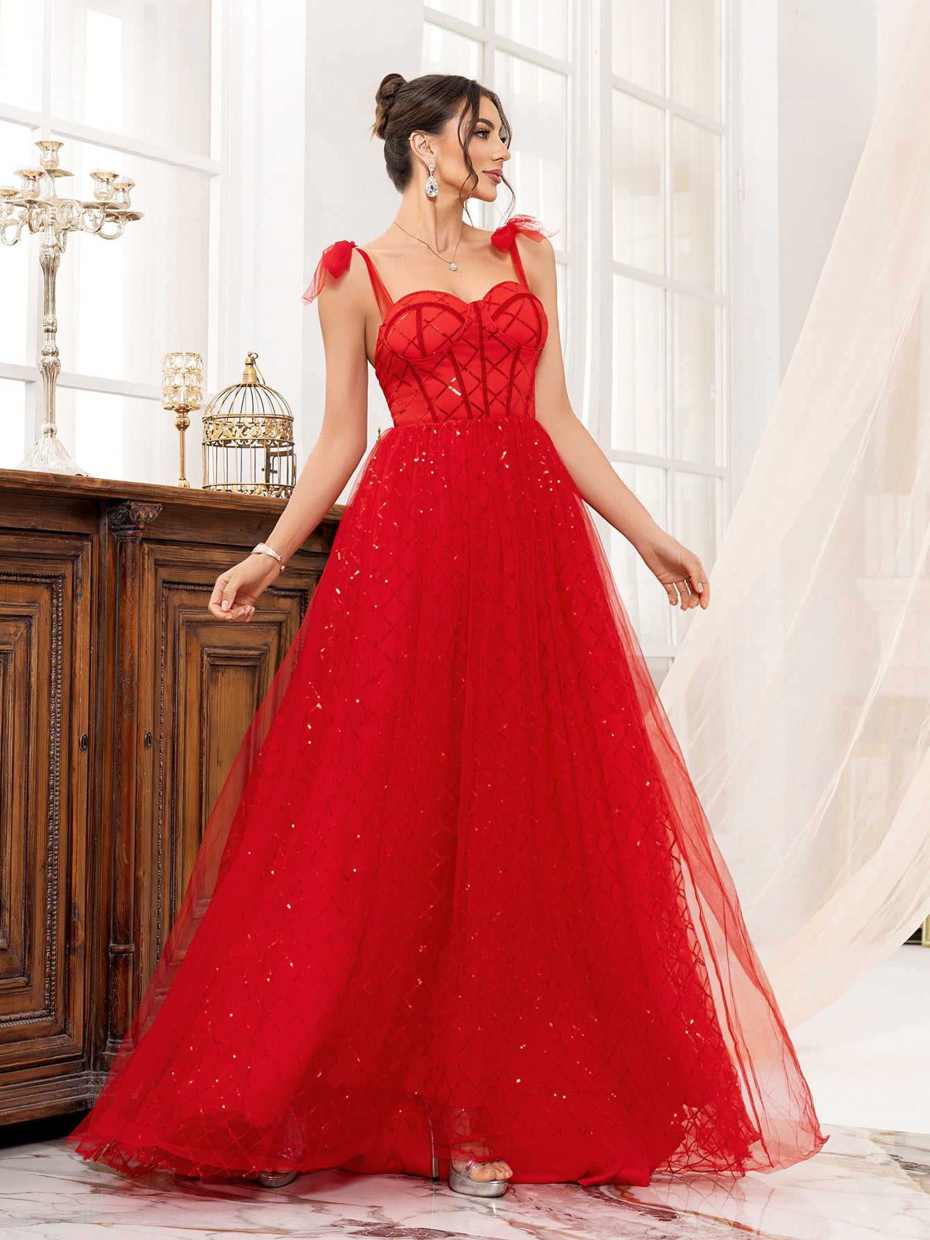 A-Line Tulle Maxi Dress with Sequined Lattice and Bow Straps