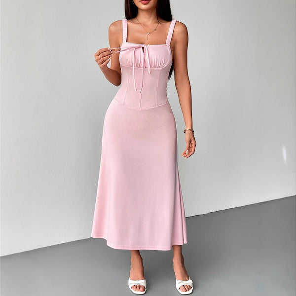Solid Pink A-Line Slip Dress with Corset Bodice and Tie Front
