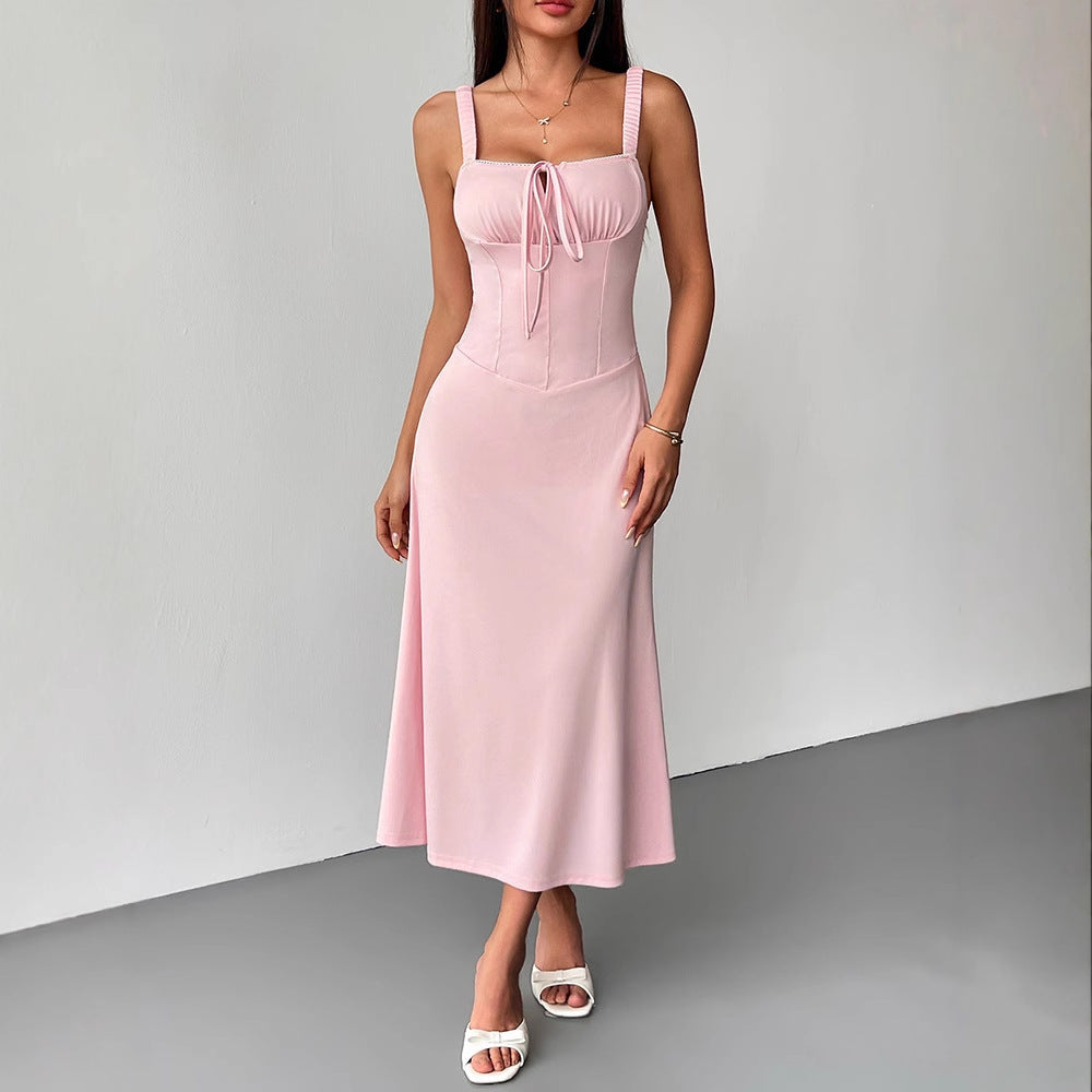 Solid Pink A-Line Slip Dress with Corset Bodice and Tie Front