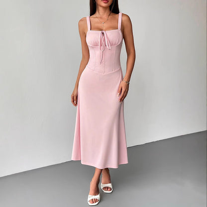 Solid Pink A-Line Slip Dress with Corset Bodice and Tie Front