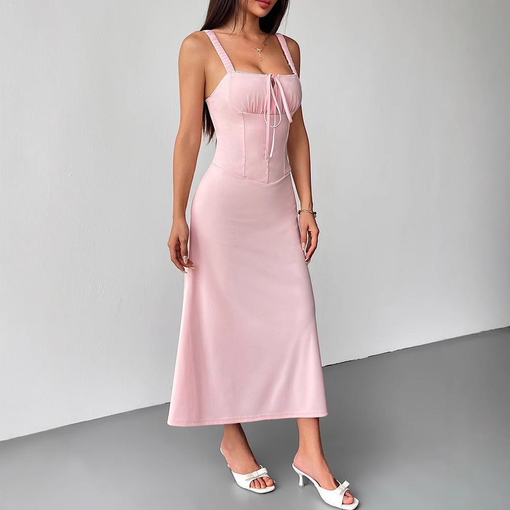 Solid Pink A-Line Slip Dress with Corset Bodice and Tie Front