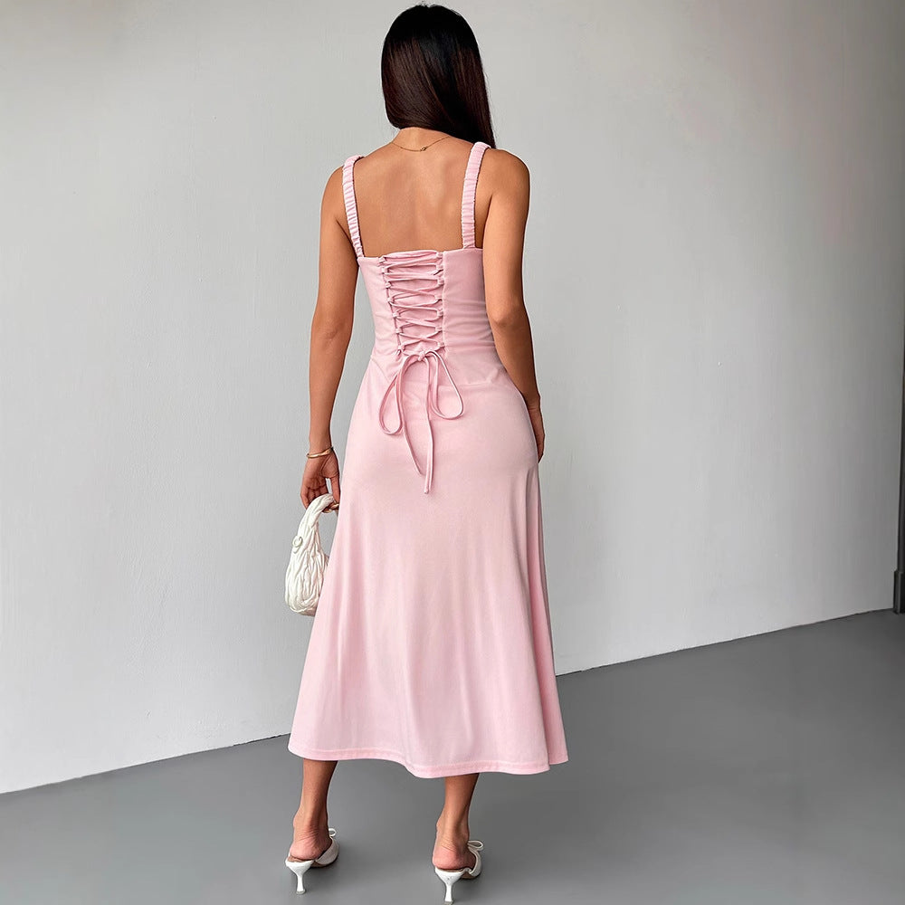 Solid Pink A-Line Slip Dress with Corset Bodice and Tie Front