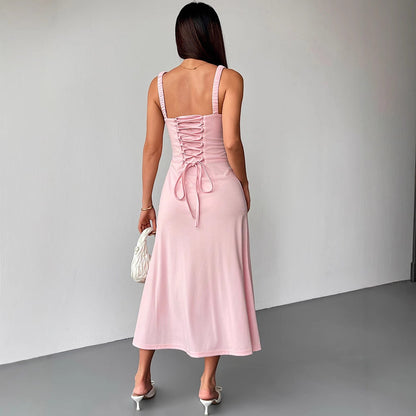 Solid Pink A-Line Slip Dress with Corset Bodice and Tie Front