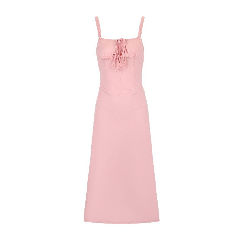 Solid Pink A-Line Slip Dress with Corset Bodice and Tie Front