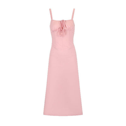Solid Pink A-Line Slip Dress with Corset Bodice and Tie Front