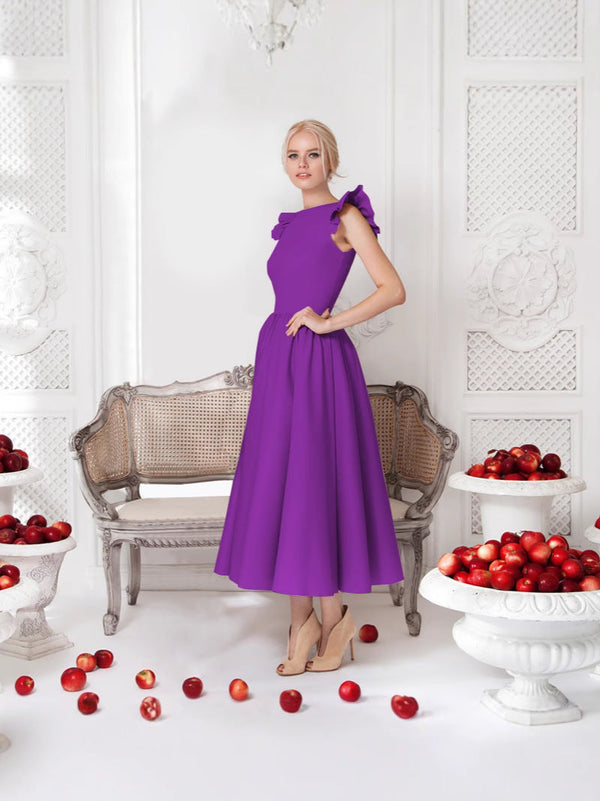 Solid A-Line Midi Dress with Ruffled Flutter Sleeves