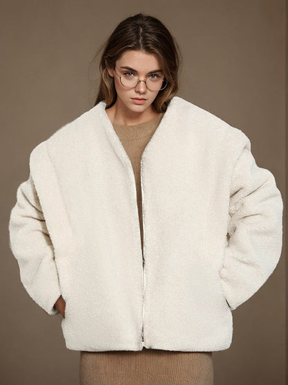 Oversized Sherpa Zip-Up Cardigan with Round Neck