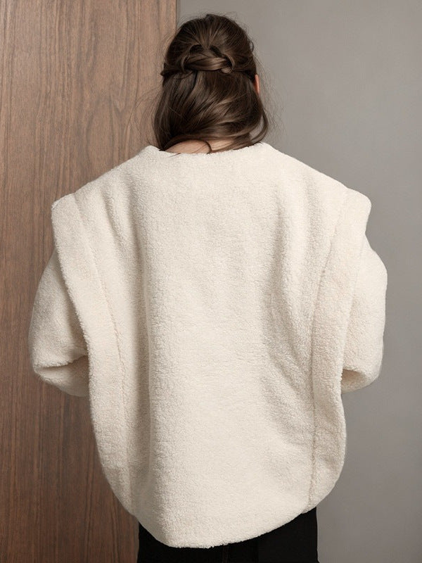 Oversized Sherpa Zip-Up Cardigan with Round Neck