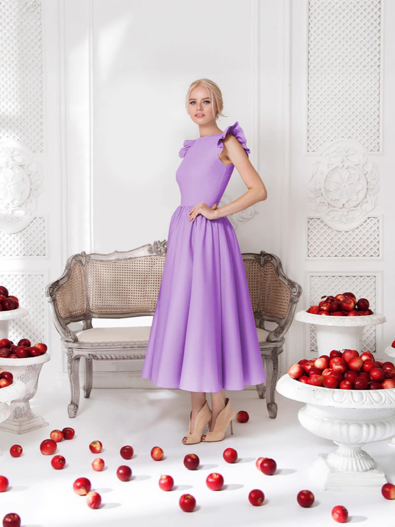 Solid A-Line Midi Dress with Ruffled Flutter Sleeves