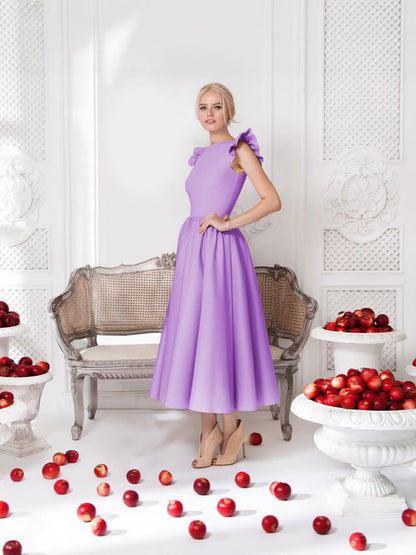 Solid A-Line Midi Dress with Ruffled Flutter Sleeves