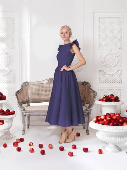 Solid A-Line Midi Dress with Ruffled Flutter Sleeves