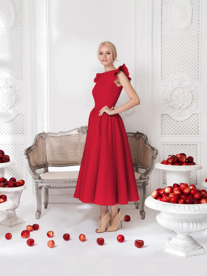 Solid A-Line Midi Dress with Ruffled Flutter Sleeves