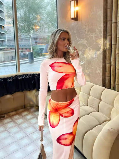 Floral Print Bodycon Midi Skirt Set with Long Sleeves