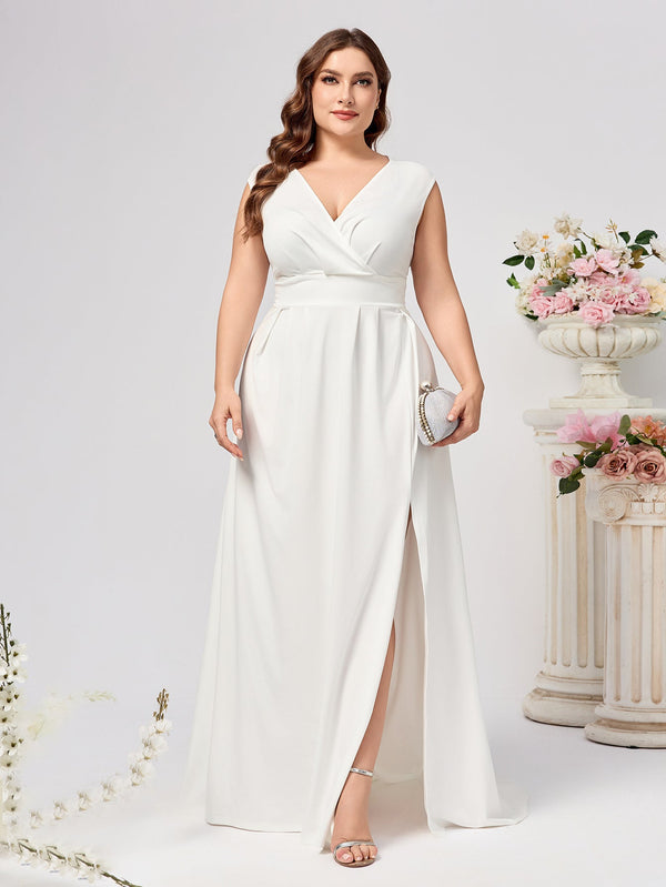 A-Line V-Neck Evening Gown with High Slit and Backless Detail