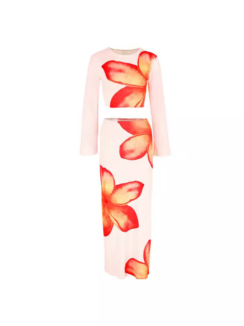 Floral Print Bodycon Midi Skirt Set with Long Sleeves