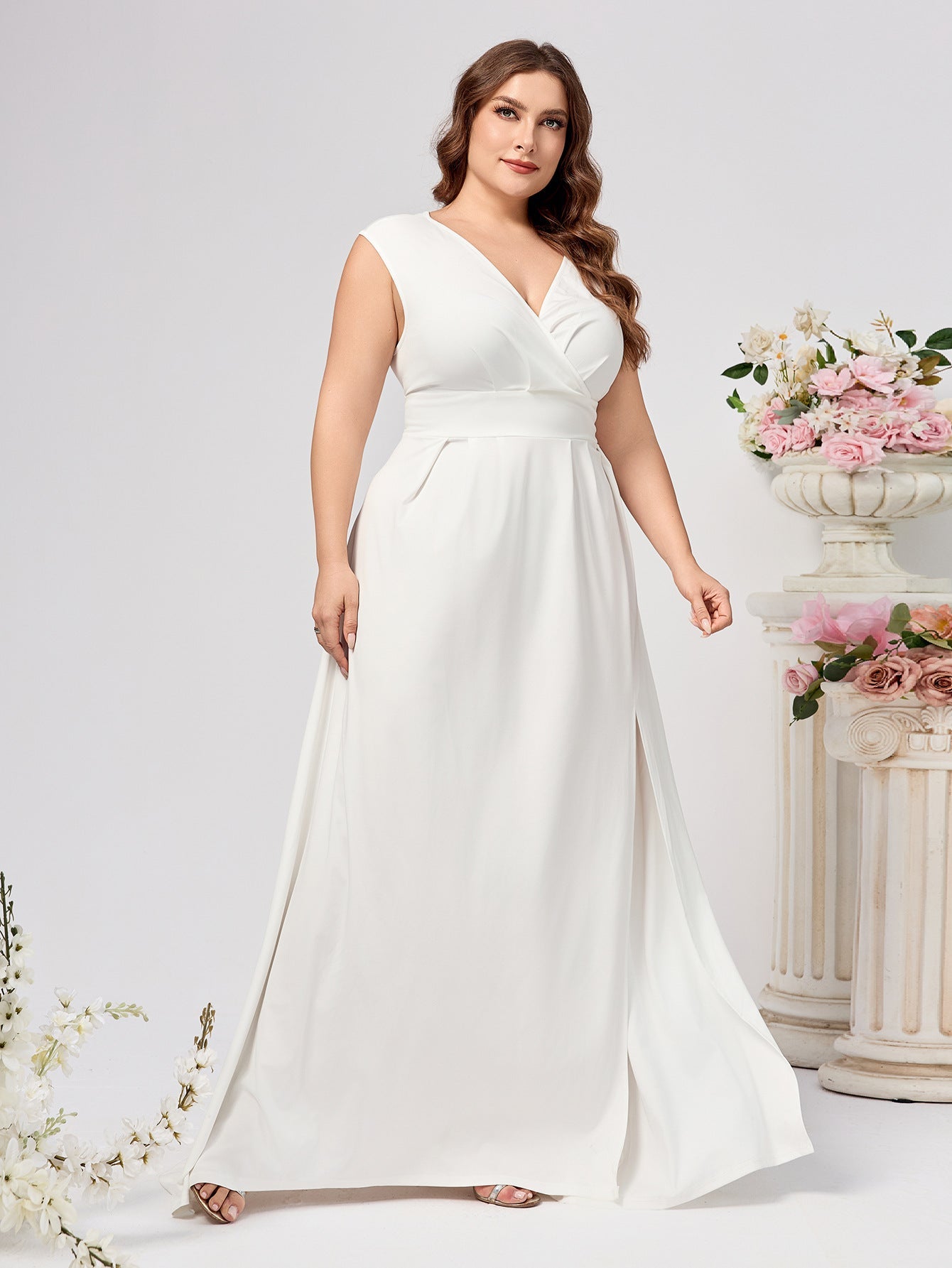 A-Line V-Neck Evening Gown with High Slit and Backless Detail