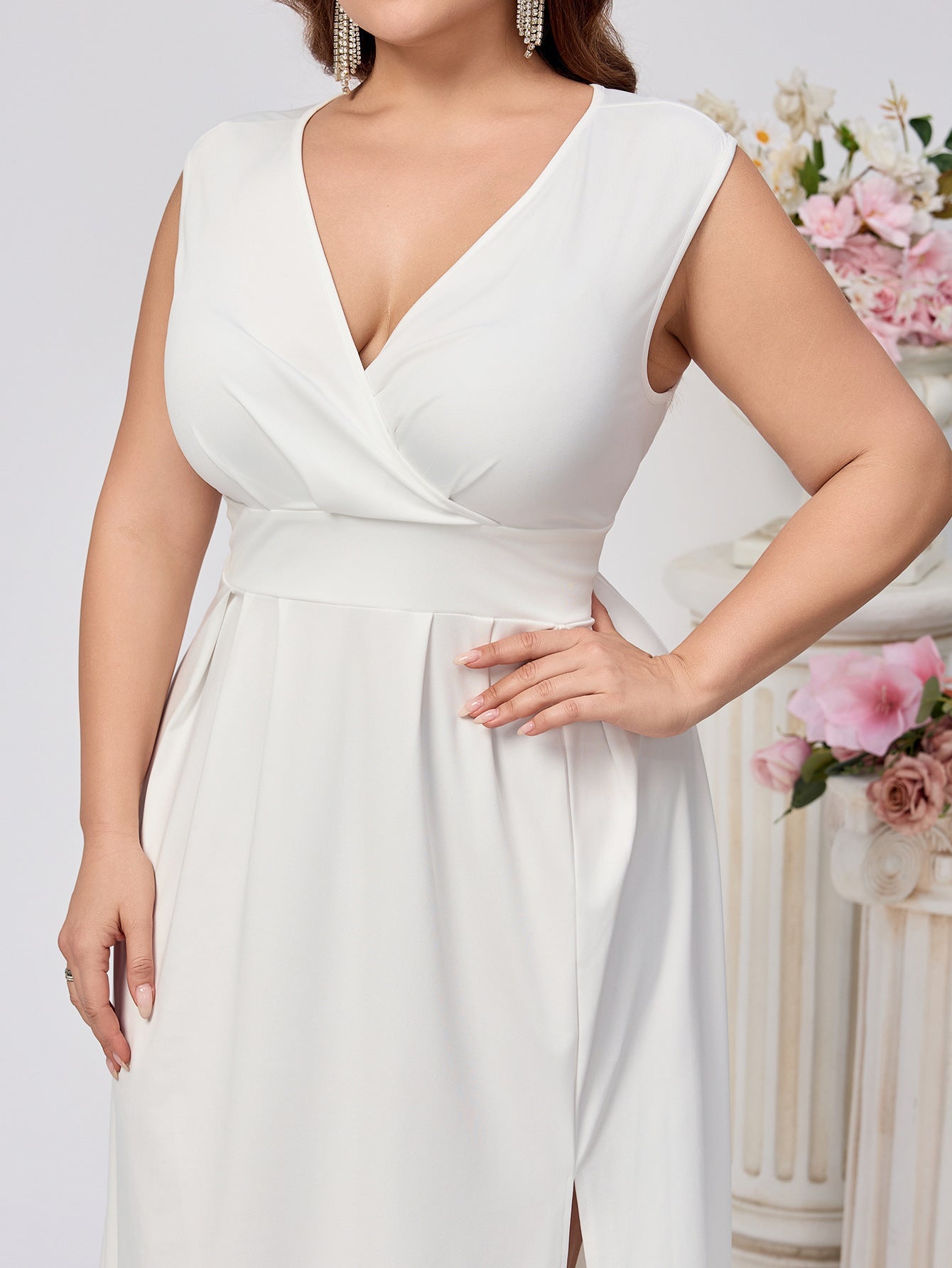 A-Line V-Neck Evening Gown with High Slit and Backless Detail