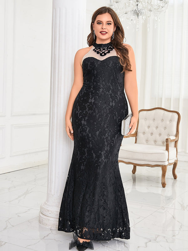 Lace Fishtail Maxi Dress with Mock Neck and Sheer Panel