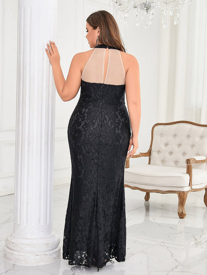 Lace Fishtail Maxi Dress with Mock Neck and Sheer Panel