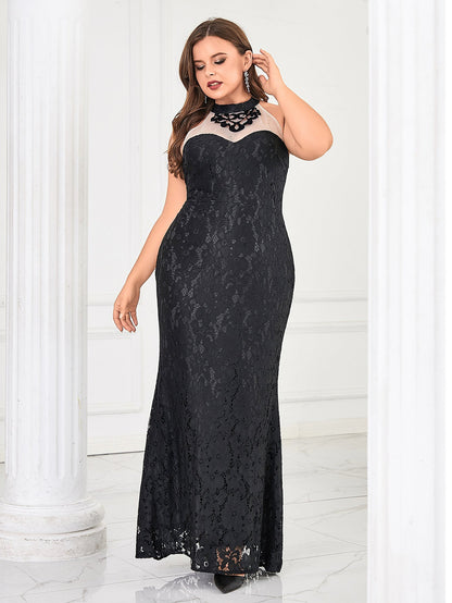 Lace Fishtail Maxi Dress with Mock Neck and Sheer Panel
