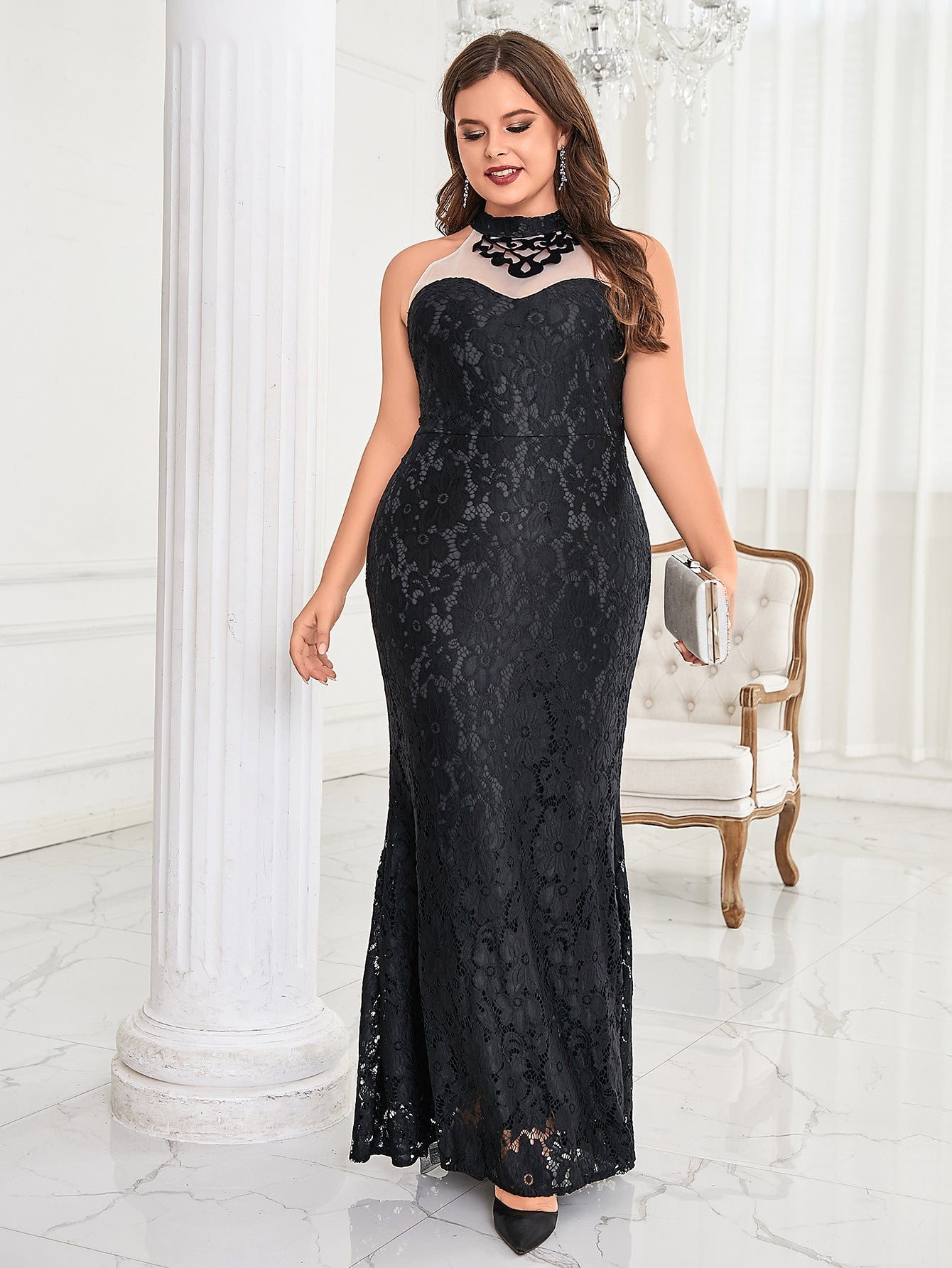 Lace Fishtail Maxi Dress with Mock Neck and Sheer Panel