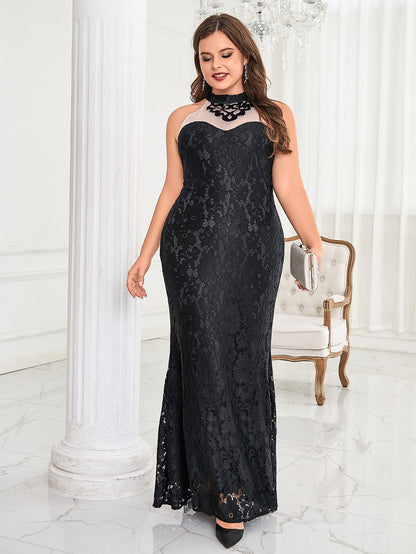 Lace Fishtail Maxi Dress with Mock Neck and Sheer Panel