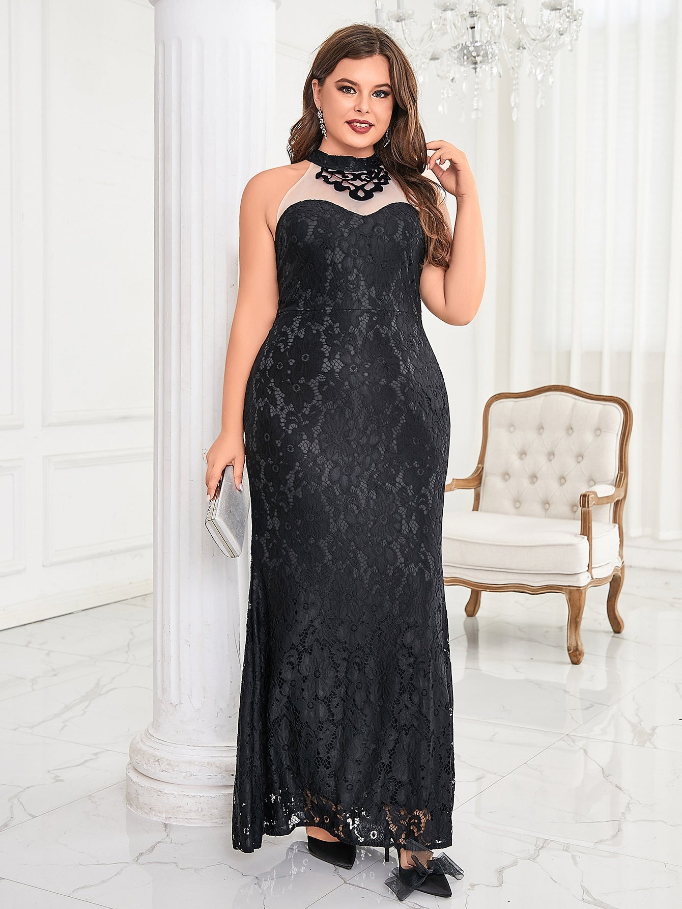 Lace Fishtail Maxi Dress with Mock Neck and Sheer Panel