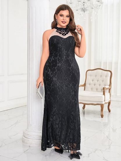 Lace Fishtail Maxi Dress with Mock Neck and Sheer Panel