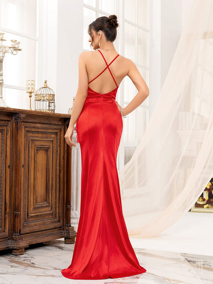 Fishtail Evening Dress with V-Neck and Ruched Detail