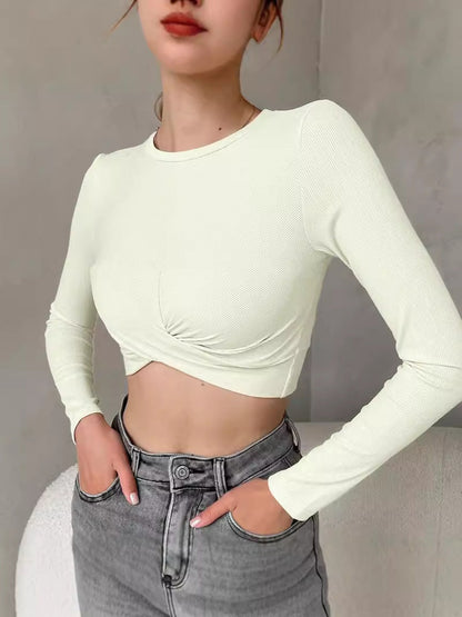 Slim Fit Ribbed Long Sleeve Top with Cross Front Detail