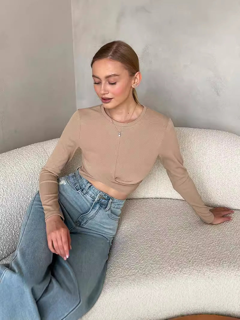 Slim Fit Ribbed Long Sleeve Top with Cross Front Detail
