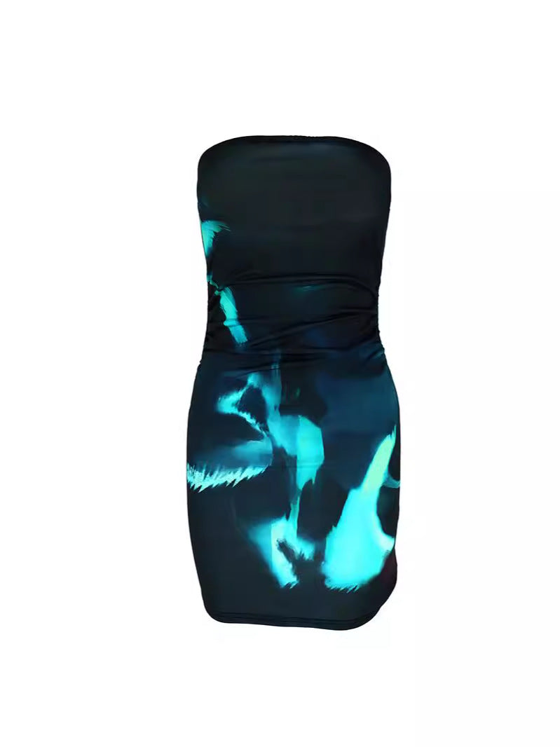 Ruched Strapless Bodycon Mini Dress with Abstract Floral Print