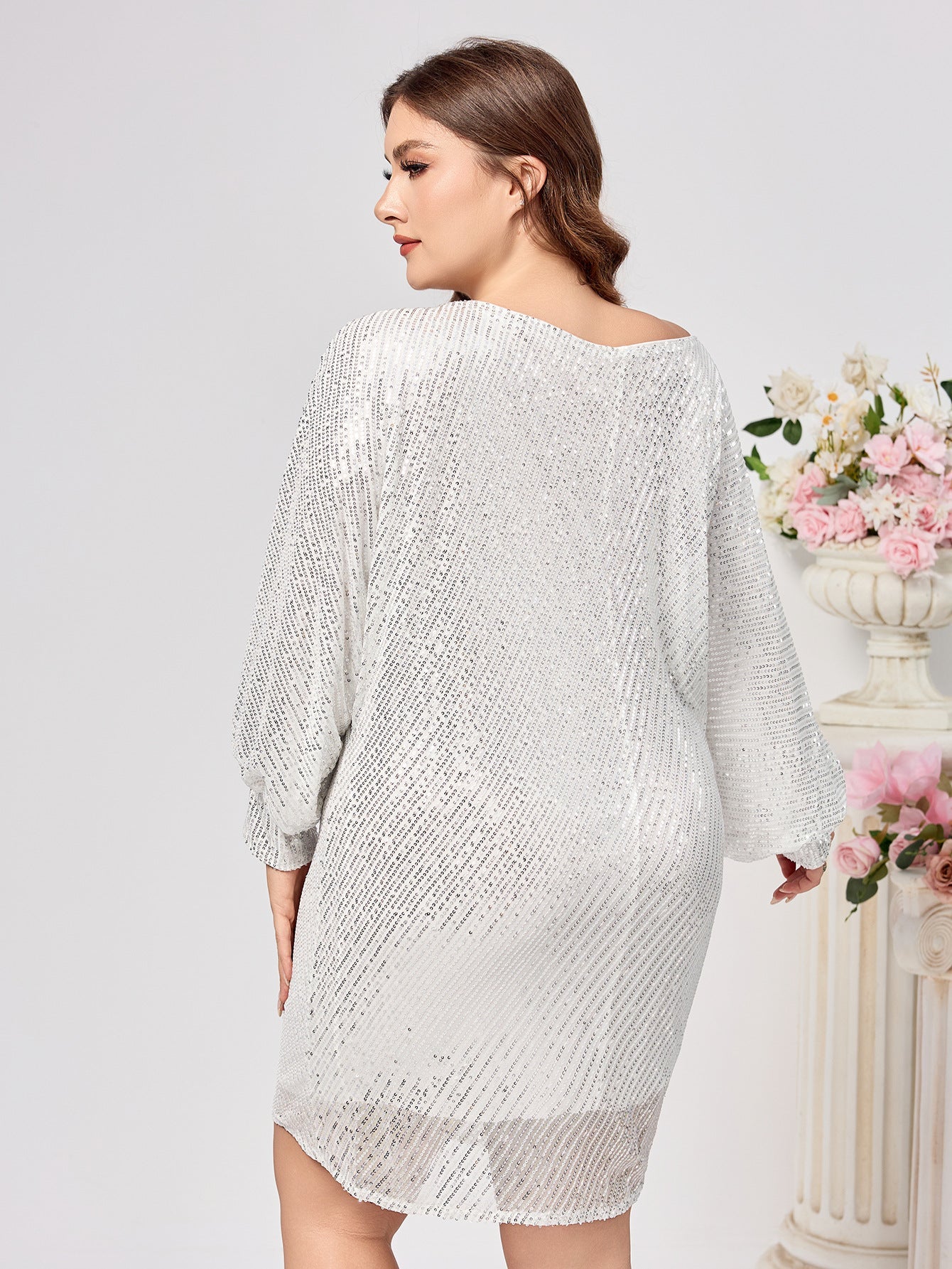 Silver Sequined Bodycon Dress with Long Raglan Sleeves