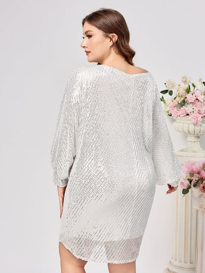 Silver Sequined Bodycon Dress with Long Raglan Sleeves