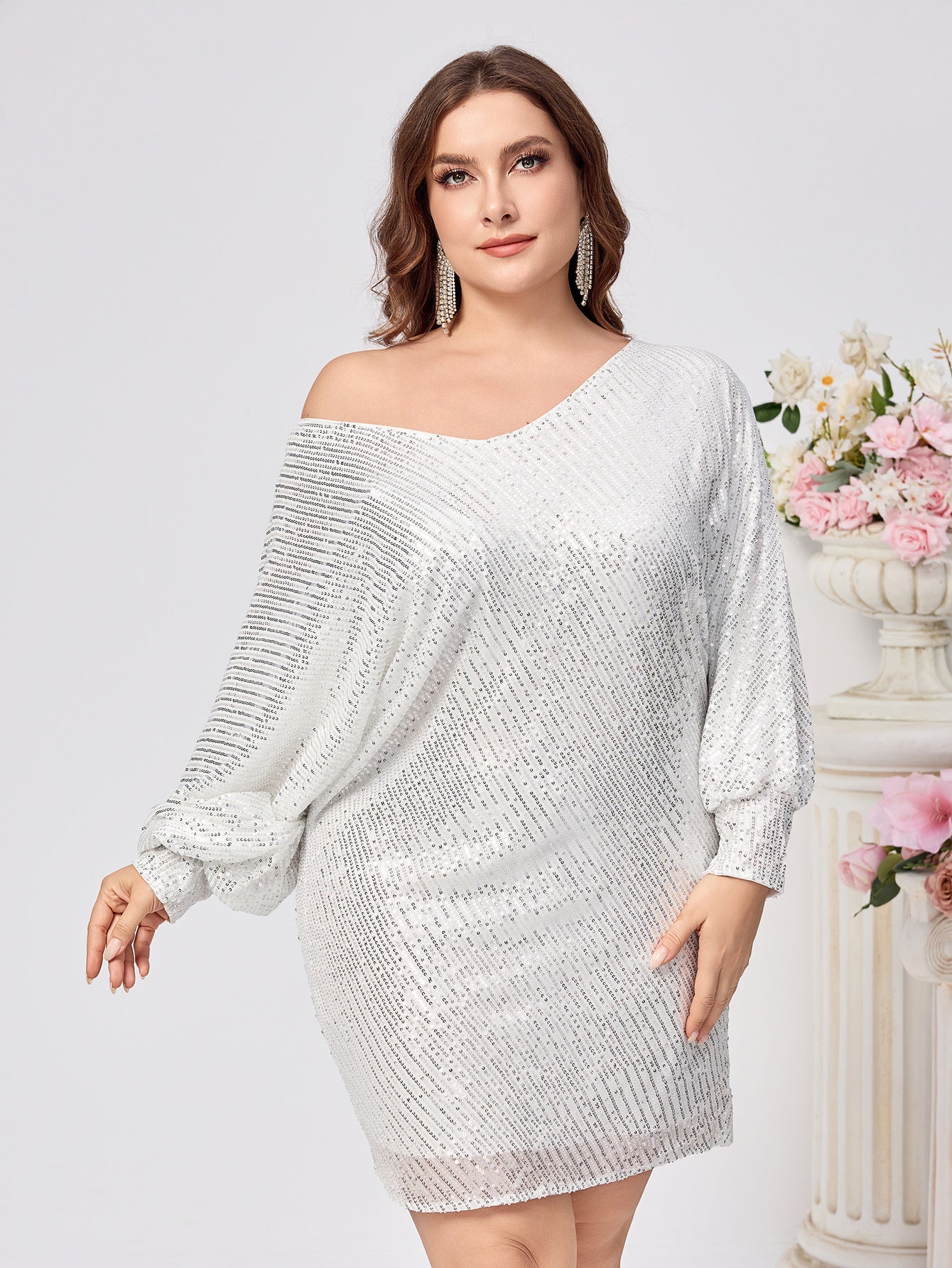 Silver Sequined Bodycon Dress with Long Raglan Sleeves