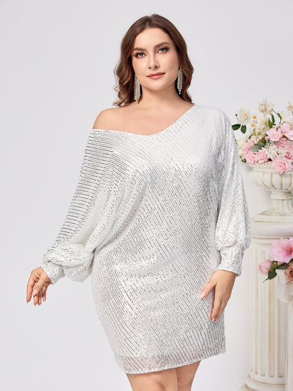 Silver Sequined Bodycon Dress with Long Raglan Sleeves