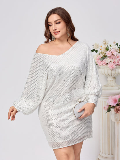 Silver Sequined Bodycon Dress with Long Raglan Sleeves