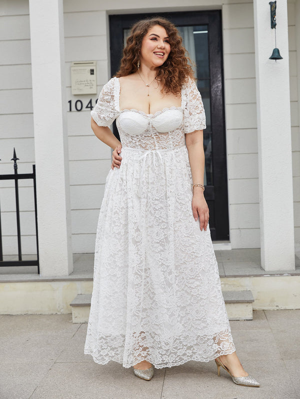 A-Line Lace Maxi Dress with Puff Sleeves and Sweetheart Neckline