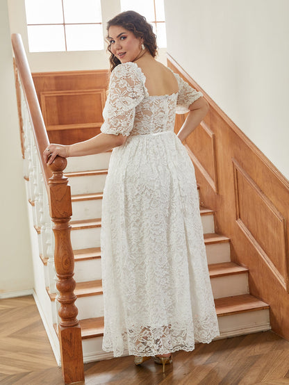 A-Line Lace Maxi Dress with Puff Sleeves and Sweetheart Neckline