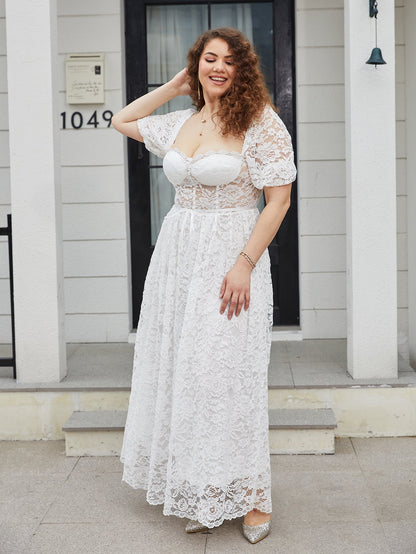 A-Line Lace Maxi Dress with Puff Sleeves and Sweetheart Neckline