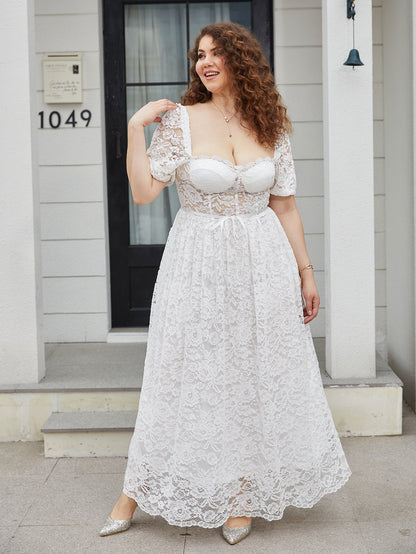 A-Line Lace Maxi Dress with Puff Sleeves and Sweetheart Neckline
