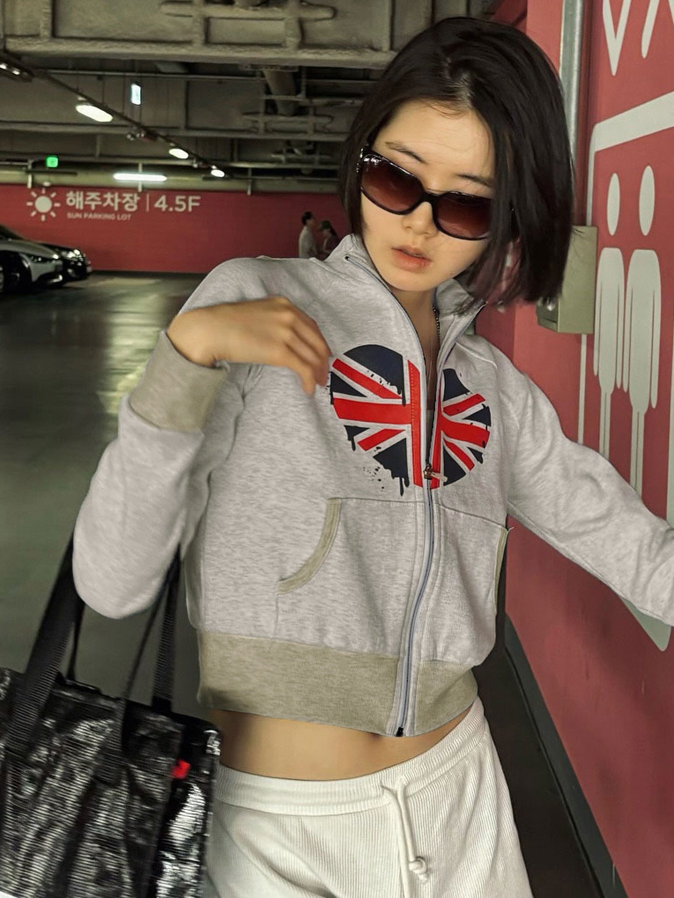 Slim Fit Stand Collar Zip-Up Cardigan with Graphic Print
