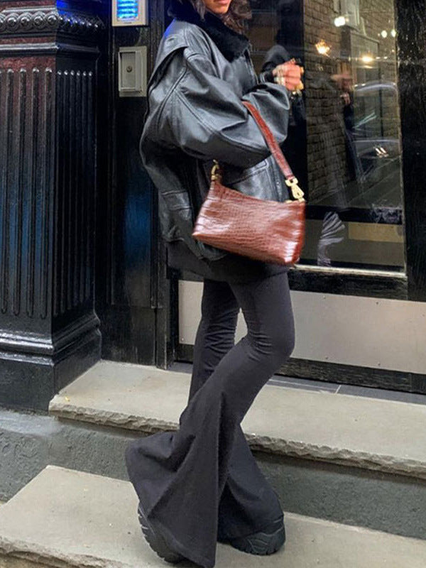 High-Waist Flared Trousers in Black Polyester Blend