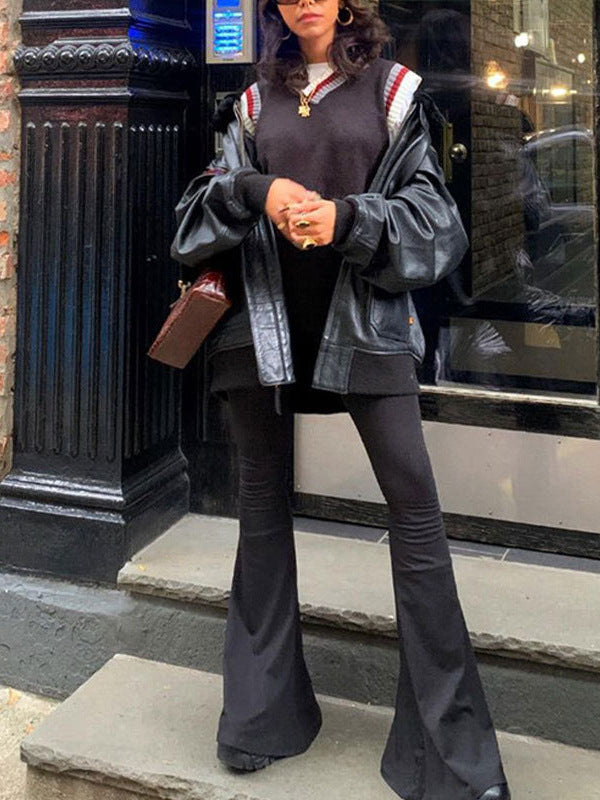 High-Waist Flared Trousers in Black Polyester Blend