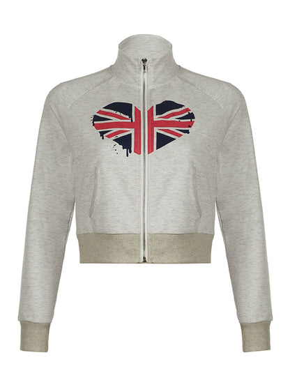 Slim Fit Stand Collar Zip-Up Cardigan with Graphic Print