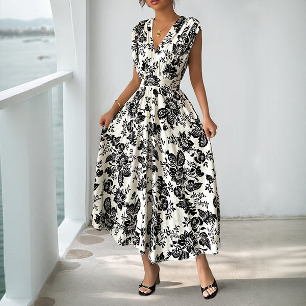 Sleeveless Floral Print A-Line Midi Dress with V-Neck