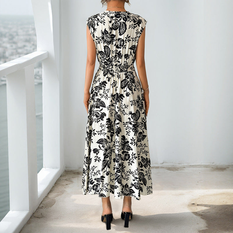 Sleeveless Floral Print A-Line Midi Dress with V-Neck