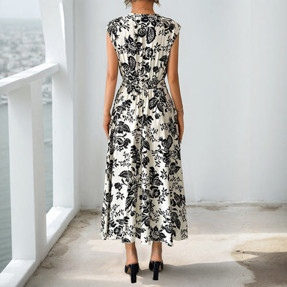 Sleeveless Floral Print A-Line Midi Dress with V-Neck
